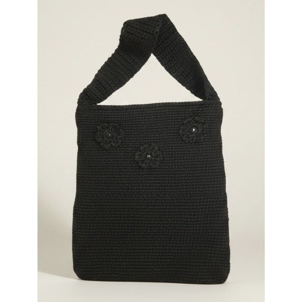 Handcrafted Black Crochet Shoulder Bag with Flower Accents